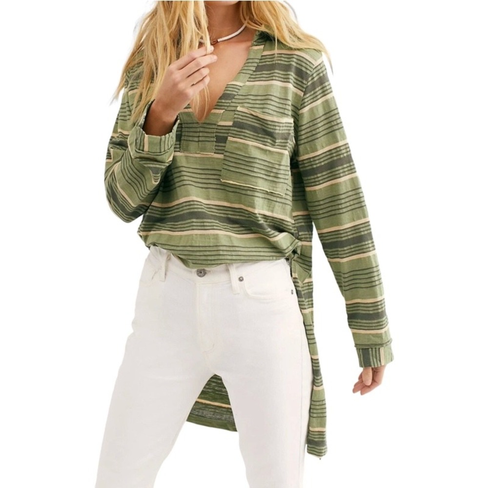 FREE PEOPLE BEACH Breaker Medium Top Green Striped V-Neck High Low Boho Vacation